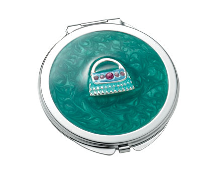 M-50 Green Round Iron Compact Mirror With Purse Ornament And Epoxy Top