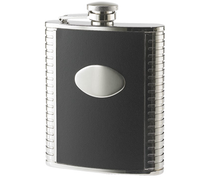 Fk-1206 6oz. Black Leather Bonded With Ribbed Sides And Oval Convex Stainless Steel Flask