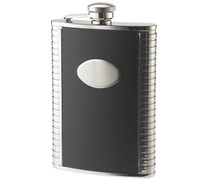 Fk-1208 8oz. Black Leather Bonded With Ribbed Sides And Oval Convex Stainless Steel Flask