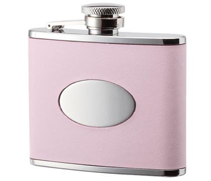 4oz. Pink Leather Bonded Wrapped With Oval Convex Stainless Steel Flask