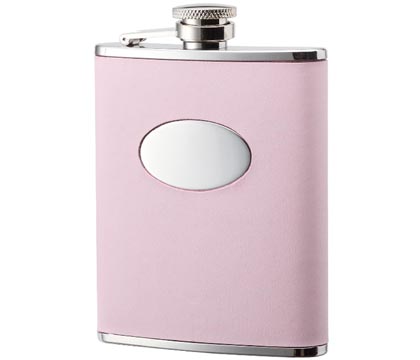 6oz. Pink Bonded Leather Wrapped With Oval Convex Stainless Steel Flask