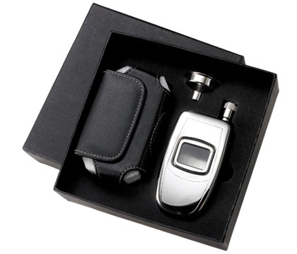 Fk-1603 3 Oz. Cellphone Stainless Steel Flask Set With Leather Pouch And Funnel In Black Gift Box