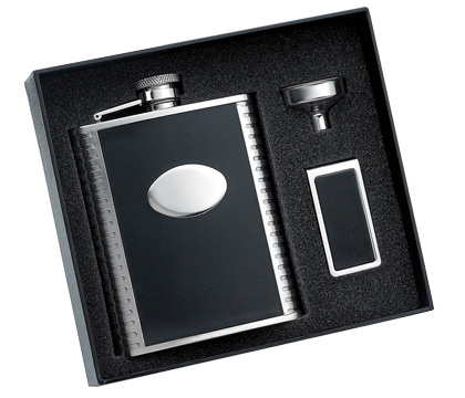 Gfm-1206 6 Oz. Black Bonded Leather With Ribbed Sides With Oval Convex Stainless Steel Flask