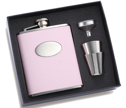 6 Oz. Pink Bonded Wrapped With Oval Convex Flask With 2 Stainless Steel Shooters And Funnel