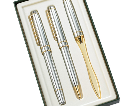 Gs-1110 3 Pcs. Set Chrome Bp Pen, Rb Pen And Letter Opener With Gift Box