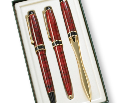 Gs-3002 3 Pcs. Set Red Marble Bp, Rb, And Letter Opener With Gift Box