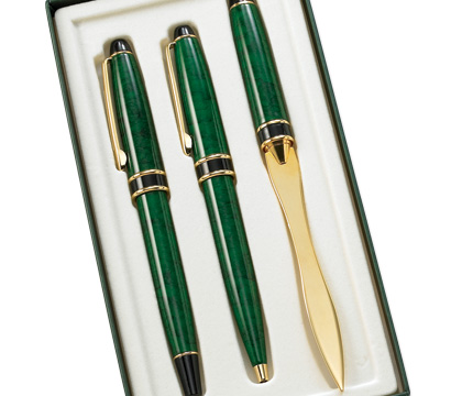 Gs-3003 3 Pcs. Set Green Marble Bp, Rb And Letter Opener With Gift Box