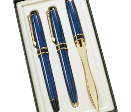 3 Pcs. Set Blue Marble Bp Pen, Rb Pen And Letter Opener With Gift Box