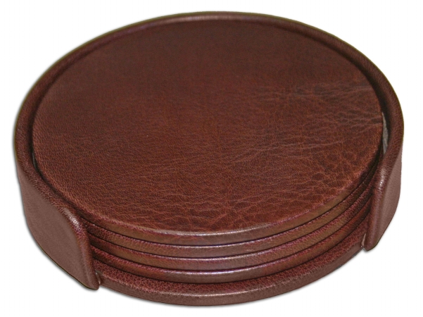A3045 Leather 4 Round Coaster Set With Holder