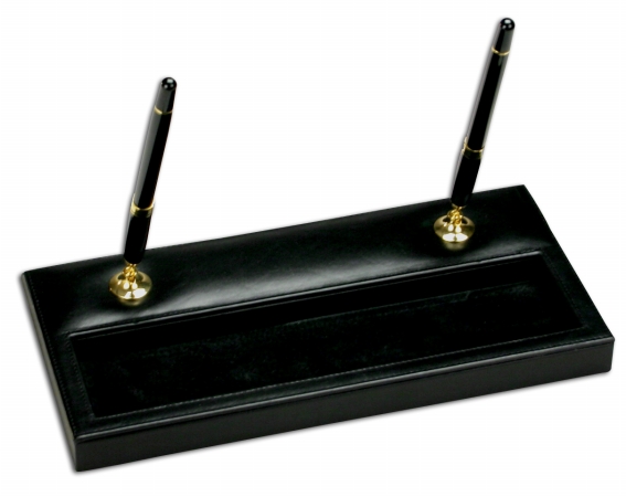 A1004 Black Leather Double Pen Stand With Grain Leather Materials