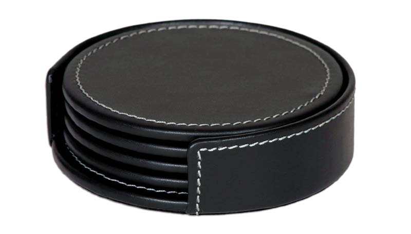 A1245 Rustic Leather 4 Round Coaster Set With Holder