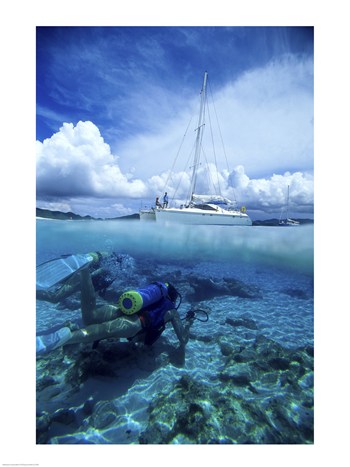 Sal1129705 Scuba Diver In The Water With A Sail Boat In The Background British Virgin Islands -18 X 24- Poster Print