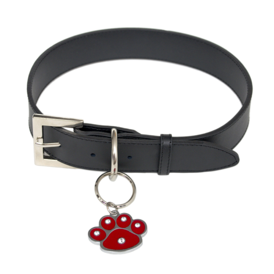 Rachael Hale 50021 Black Leather Dog Collar and Swarovski Crystal Paw Charm Extra Small