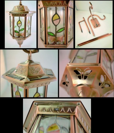 Homebrite 30116 Metal Solar Lantern Stained Glass Garden Landscape Lights Large Antique Copper