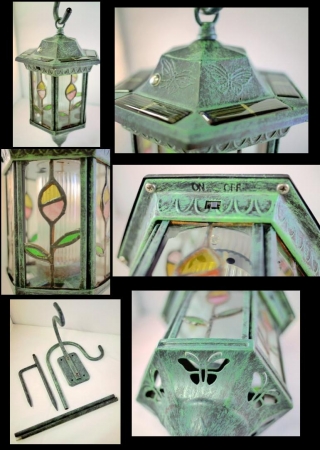 Homebrite 30117 Metal Solar Lantern Stained Glass Garden Landscape Lights Large Marble Green