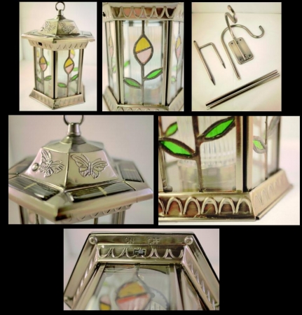 Homebrite 30118 Metal Solar Lantern Stained Glass Garden Landscape Lights Large Antique Pewter