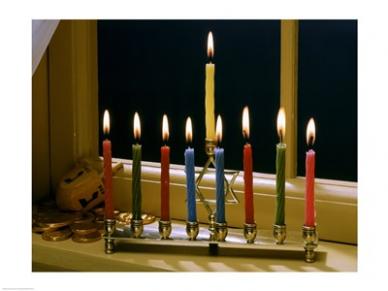 Sal2911871a Close-up Of A Menorah With Burning Candles And A Star Of David -24 X 18- Poster Print