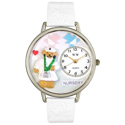 Whimsical Watches U0230005 Nurse Teddy Bear White Leather And Silvertone Watch