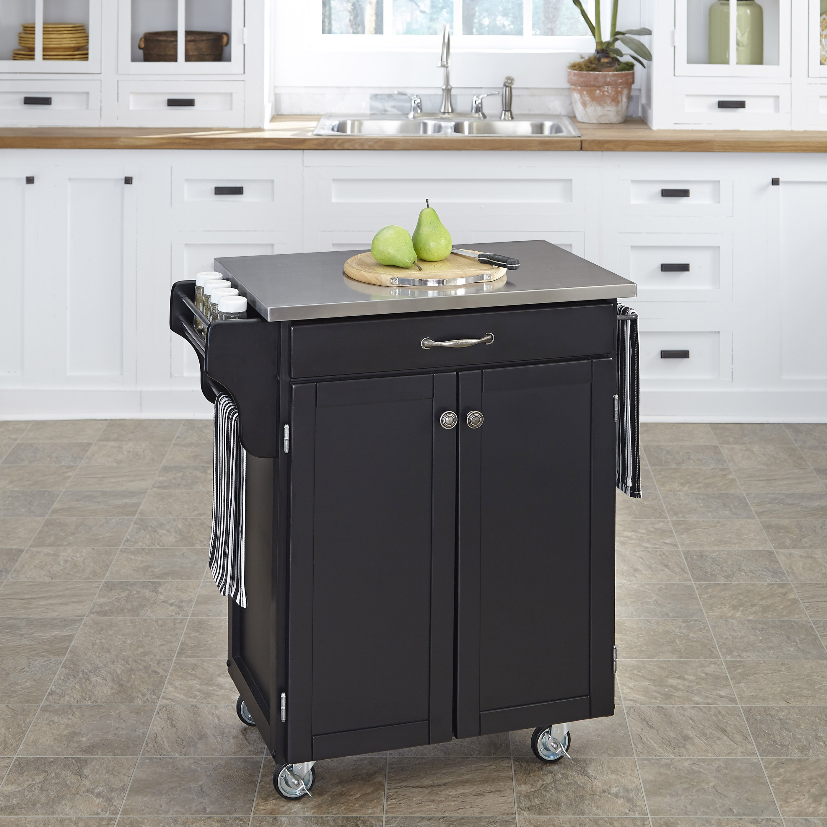 Home Styles 9001-0042 Black Wood Cart with Stainless Steel Top-9001-0042