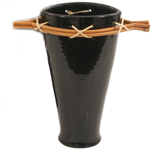 -182u Tall 14 In. H Glossy Metallic Black Fuji Vase With Rattan Pole Trim