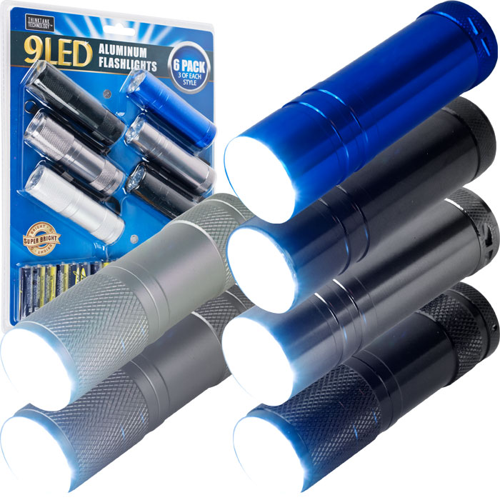 6 Pack Of Aluminum 9-led Flashlights With Batteries