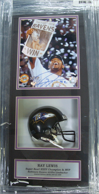 Encore Select AutoFBBaltRayLew12 Ray Lewis of the Baltimore Ravens Autographed Photograph Including an 8 in. x 10 in. Photograph and Miniature Helmet in a 14 in