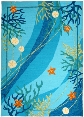 22 In. X 34 In. Underwater Coral And Starfish Indoor Outdoor Hand Hooked Area Rug - Bright Deep Blue