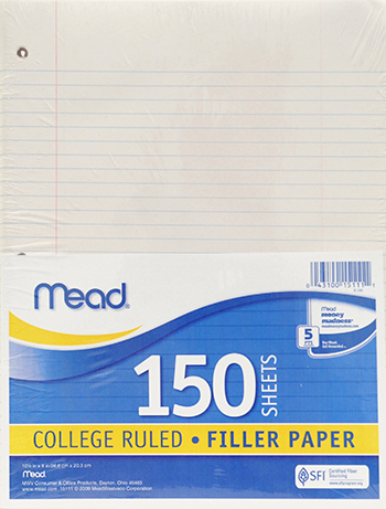 Meadwestvaco Mea15111 Notebook Paper College Ruled 150ct
