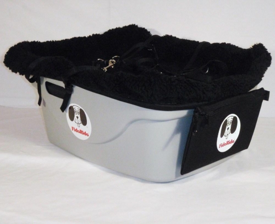 FidoRido gray two-seater with light-weight fleece in white with black paw prints and two large harne dog kennel