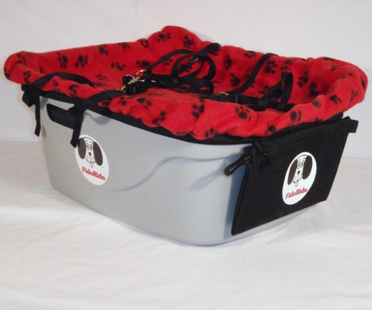 FidoRido gray two-seater with light-weight fleece in white with black paw prints and a small harness dog kennel