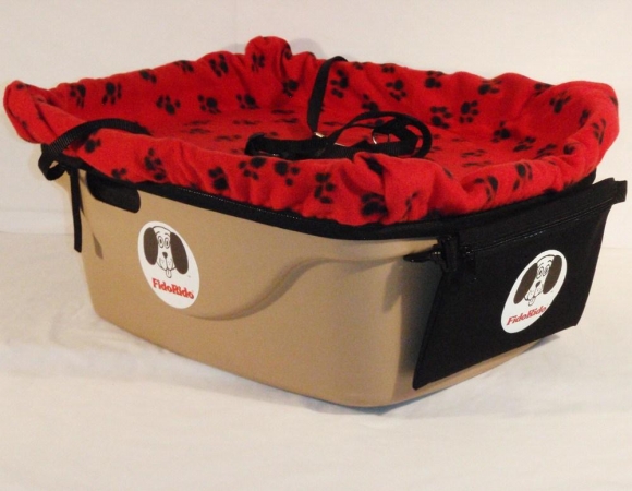 FidoRido gray two-seater with light-weight fleece in red with black paw prints and a small harness a dog kennel