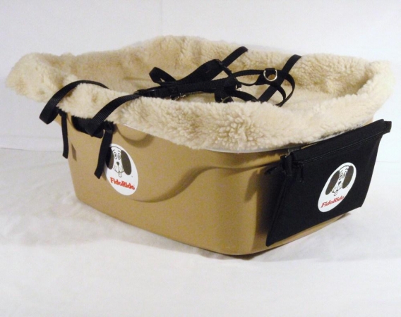 FidoRido tan two-seater with light-weight fleece in black with tan dog bones and a small harness and dog kennel