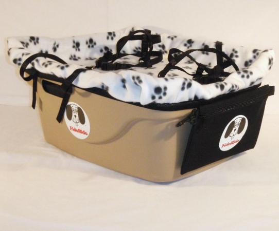 FidoRido gray two-seater with light-weight fleece in black with tan dog bones and a medium harness a dog kennel