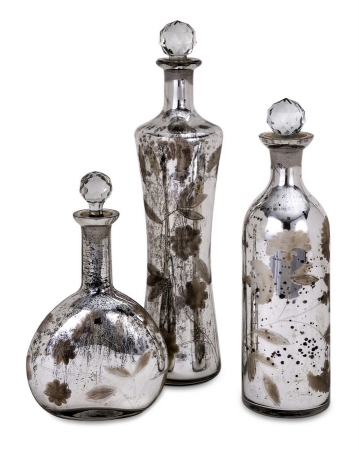 60771-3 Madison Etched Mercury Glass Lidded Bottles - Set Of 3