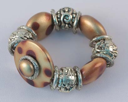 049-40132 Silver Tone And Brown Beads Stretch Bracelet