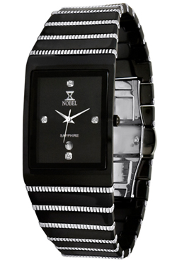N 7110 G Stainless Steel And Black Ceramic Gents Watch Black Dial Set With Four Diamonds. Swiss Movement Sapphire Crystal Water-resistant 3 Atm