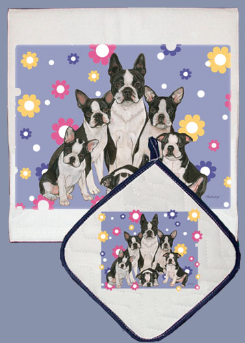Dp542 Dish Towel And Pot Holder Set - Boston Terrier Family