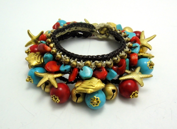 Bret001 Brasstone Turquoise Red Coral And Bead Bracelet