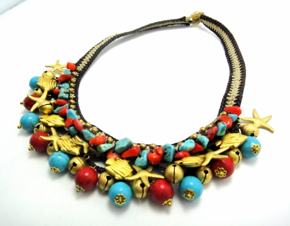 Nret001 Brasstone Turquoise And Red Coral Bead Necklace