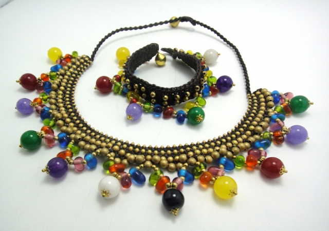 Smlc003 Handmade Multicolored Stones And Brass Beads Necklace And Bracelet Set