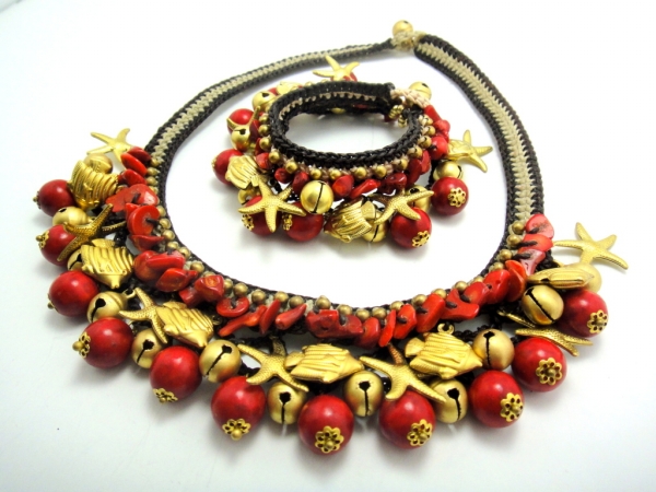 Sreg006 Brasstone Red Coral And Bead Necklace And Bracelet Set