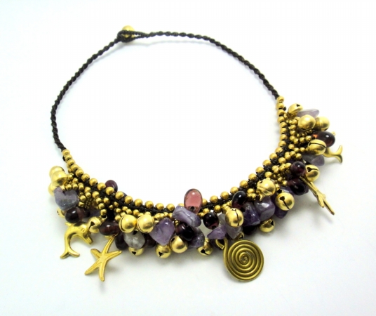 Sab2104 Goldtone Amethyst And Bead Necklace And Bracelet Set
