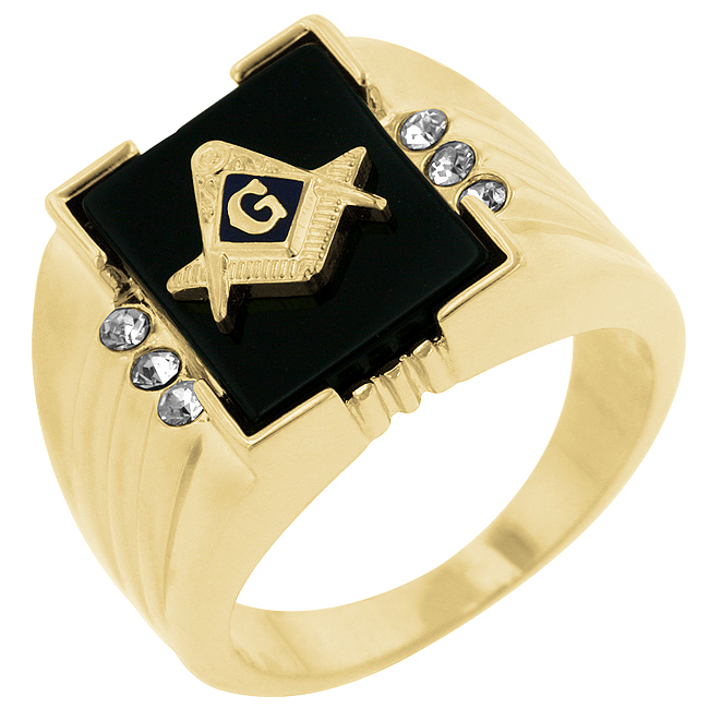 18k Gold Plated Ring With Masonic Symbol And Sapphire And Onyx Accents With Round Cut Clear Cz Accents On The Side In Goldtone- Size 12