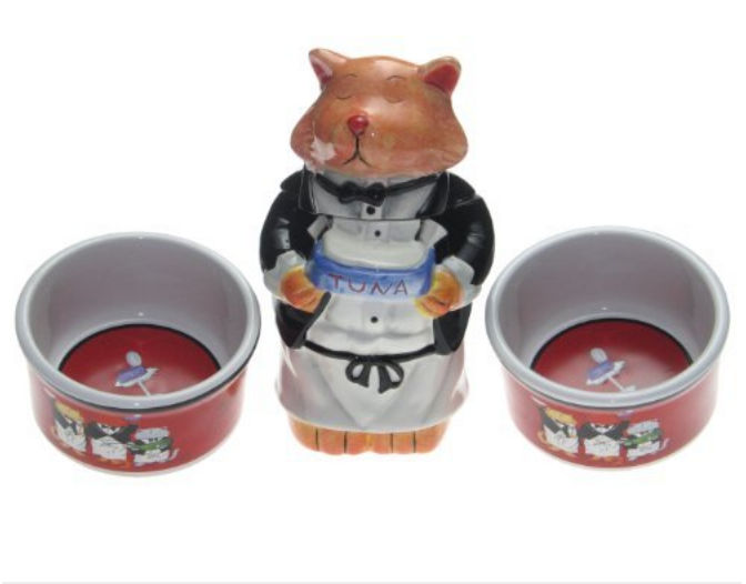Oapos;Donnell Industries 36896 Small Dinner Is Served Cat Bowl and Cat Treat Jar Set by Tracy Flickinger