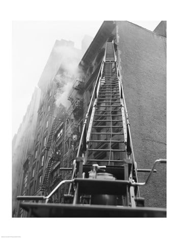 Pvt-superstock Fire Engine With Ladder Up Burning Building -18 X 24 Poster Print