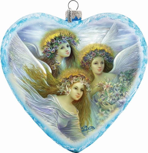 738-083 Holiday Splendor Glass Heart Xlg 3 Angels 5.5 In. - Glass Ornament