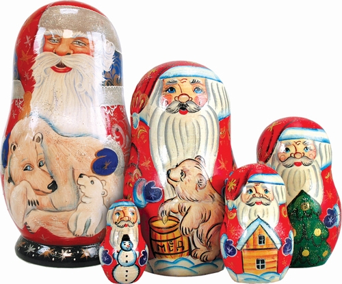 110051 Russia Nested Dolls Polar Bear Santa 5 Nest Doll 6.5 In.