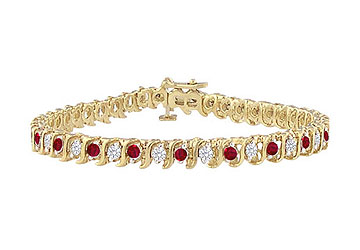 Fine Jewelry Vault SCBR14YRD155300DR Ruby and Diamond Tennis Bracelet - 14K Yellow Gold - 3.00 CT TGW