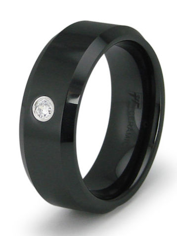Black Ceramic Mens Ring With Cz - Size 11.5
