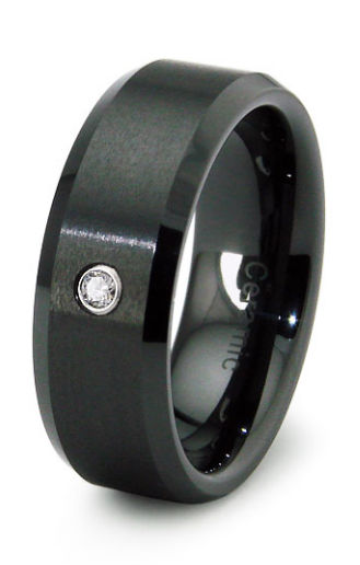 R40038d-080 Black Ceramic Ring Beveled Edge With Diamond 0.04ctw - Size 8